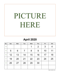 Printable April 2020 Calendar, pictures can be placed at the top
