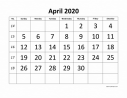 April 2020 printable calendar, large font design