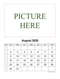 Printable August 2020 Calendar, pictures can be placed at the top