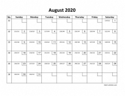 Printable August 2020 Calendar with check boxes (horizontal)