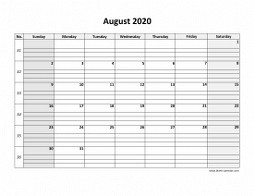 Printable August 2020 Calendar, large box grid, space for notes (horizontal)