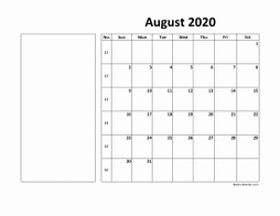 Printable August 2020 Calendar, large box, Federal Holidays listed, space for notes (horizontal)