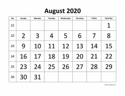 Printable August 2020 Calendar, large font design , holidays on red (horizontal)