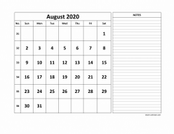 Printable August 2020 Calendar, large space for appointment and notes (horizontal)