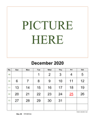 Printable December 2020 Calendar, pictures can be placed at the top