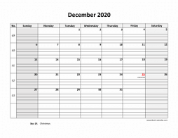 Printable December 2020 Calendar, large box grid, space for notes (horizontal)