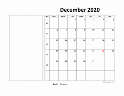 Printable December 2020 Calendar, large box, Federal Holidays listed, space for notes (horizontal)