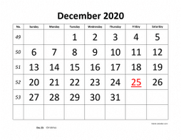 Printable December 2020 Calendar, large font design , holidays on red (horizontal)