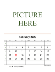 Printable February 2020 Calendar, pictures can be placed at the top