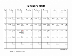 Printable February 2020 Calendar with check boxes (horizontal)
