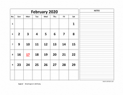 Printable February 2020 Calendar, large space for appointment and notes (horizontal)