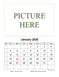 Printable January 2020 Calendar, pictures can be placed at the top
