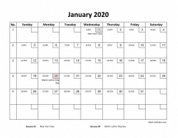 Printable January 2020 Calendar with check boxes (horizontal)
