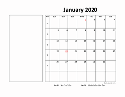 Printable January 2020 Calendar, large box, Federal Holidays listed, space for notes (horizontal)