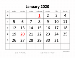 Printable January 2020 Calendar, large font design , holidays on red (horizontal)