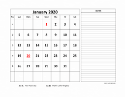 Printable January 2020 Calendar, large space for appointment and notes (horizontal)