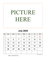 Printable July 2020 Calendar, pictures can be placed at the top