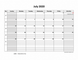 Printable July 2020 Calendar, large box grid, space for notes (horizontal)