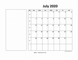 Printable July 2020 Calendar, large box, Federal Holidays listed, space for notes (horizontal)