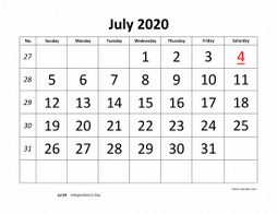 Printable July 2020 Calendar, large font design , holidays on red (horizontal)