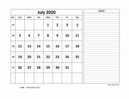 Printable July 2020 Calendar, large space for appointment and notes (horizontal)