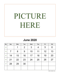 Printable June 2020 Calendar, pictures can be placed at the top