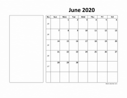 Printable June 2020 Calendar, large box, Federal Holidays listed, space for notes (horizontal)