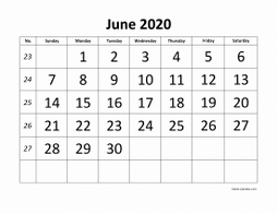 Printable June 2020 Calendar, large font design , holidays on red (horizontal)