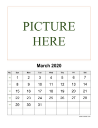 Printable March 2020 Calendar, pictures can be placed at the top