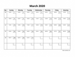 Printable March 2020 Calendar with check boxes (horizontal)