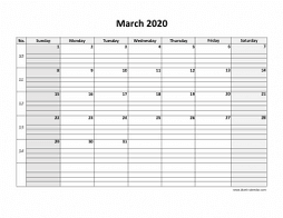 Printable March 2020 Calendar, large box grid, space for notes (horizontal)