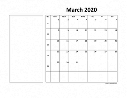Printable March 2020 Calendar, large box, Federal Holidays listed, space for notes (horizontal)