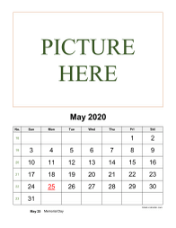 Printable May 2020 Calendar, pictures can be placed at the top