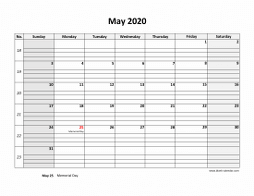Printable May 2020 Calendar, large box grid, space for notes (horizontal)