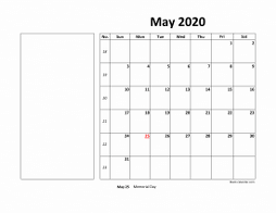 Printable May 2020 Calendar, large box, Federal Holidays listed, space for notes (horizontal)