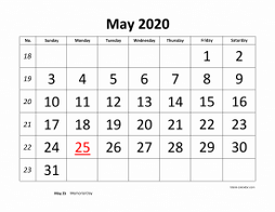 Printable May 2020 Calendar, large font design , holidays on red (horizontal)