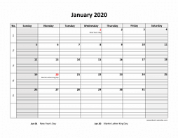 Printable Calendar 2020, large box grid, space for notes (one month per page, horizontal)