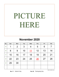 Printable November 2020 Calendar, pictures can be placed at the top