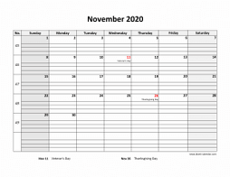 Printable November 2020 Calendar, large box grid, space for notes (horizontal)