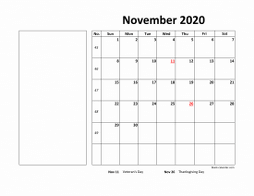 November 2020 printable calendar, large box, space for notes