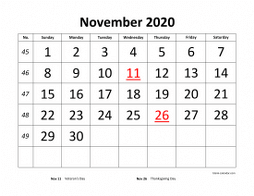 November 2020 printable calendar, large font design