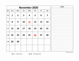 Printable November 2020 Calendar, large space for appointment and notes (horizontal)