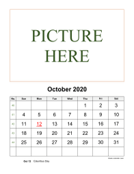 Printable October 2020 Calendar, pictures can be placed at the top