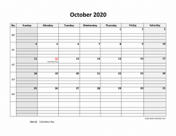 Printable October 2020 Calendar, large box grid, space for notes (horizontal)