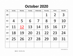 Printable October 2020 Calendar, large font design , holidays on red (horizontal)