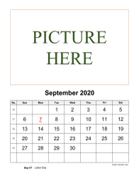 September 2020 printable calendar, pictures can be placed at the top