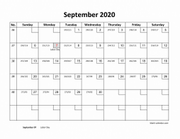 Printable September 2020 Calendar with check boxes (horizontal)