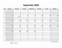 September 2020 printable calendar, large box grid, space for notes