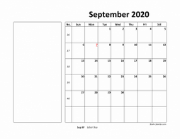 Printable September 2020 Calendar, large box, Federal Holidays listed, space for notes (horizontal)