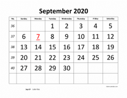 Printable September 2020 Calendar, large font design , holidays on red (horizontal)